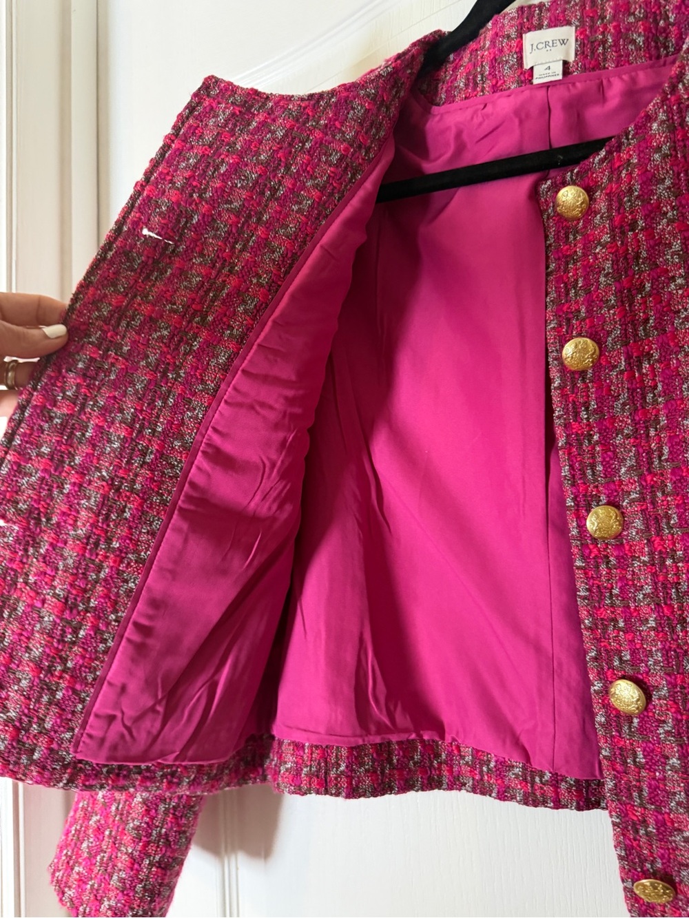J. Crew Raspberry Tweed Collarless Blazer with Gold Buttons - Picture 3 of 5